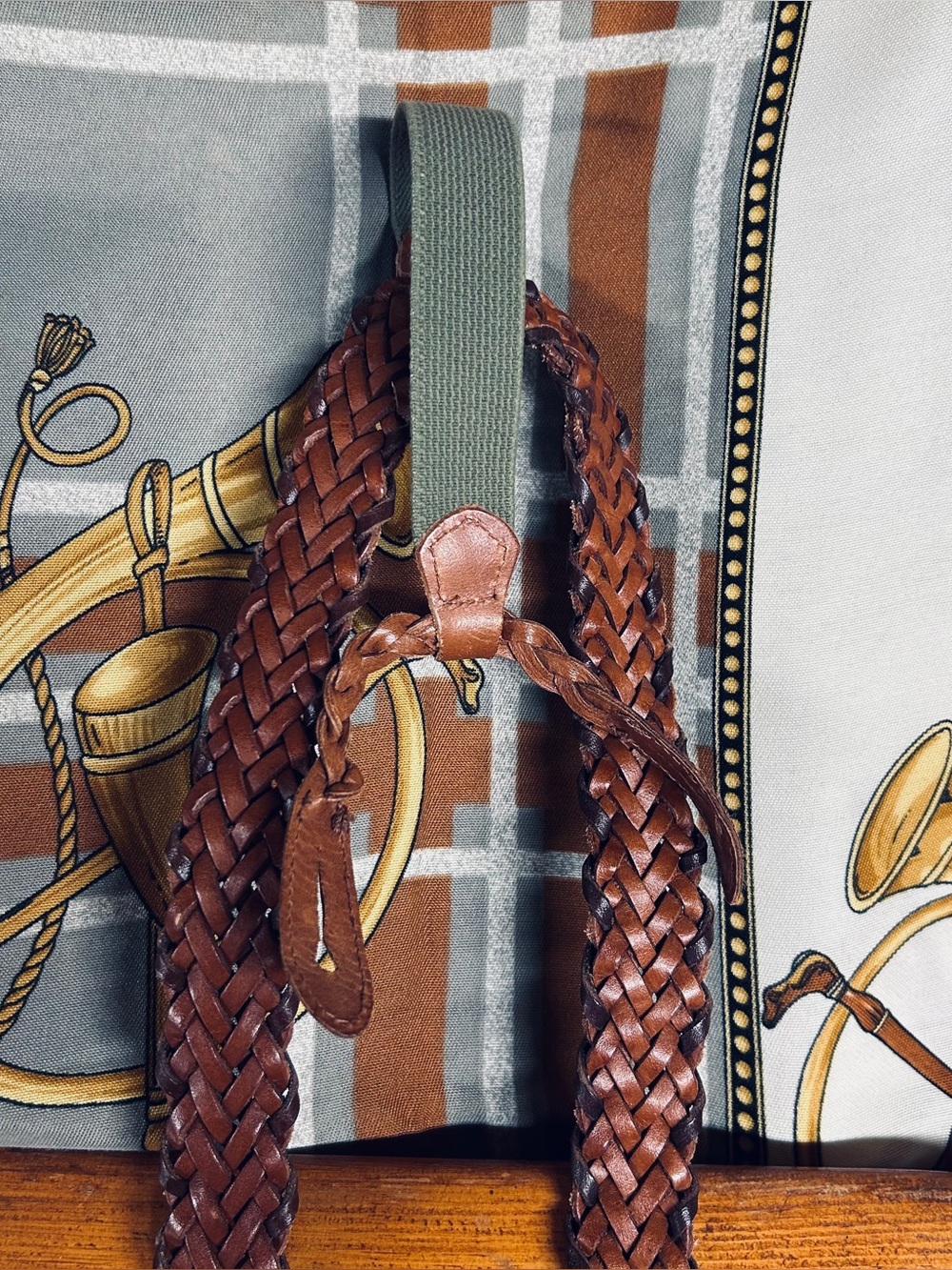 Cole Haan Vintage Braided Brown Leather and Green Men’s Suspenders